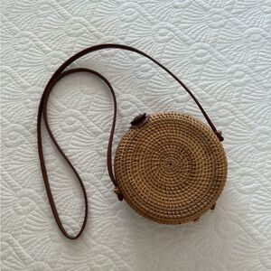 Tan Circular Woven Crossbody Bag with Leather Strap
